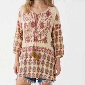 Mira Boho Cream purple and Burgundy brass embellishments Tunic Top Resortwear